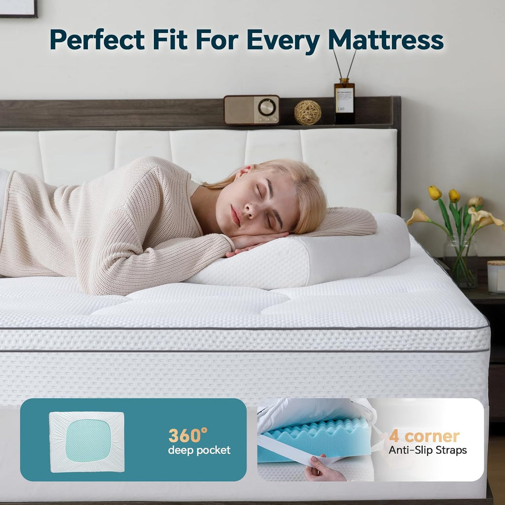 Firm Memory Foam Mattress Topper Queen Size - Dual Layer 3 Inch Cooling Gel Memory Pad and 1 Inch Pillow Top Mattress Cover for Back Pain - 60" x 80" x 4"