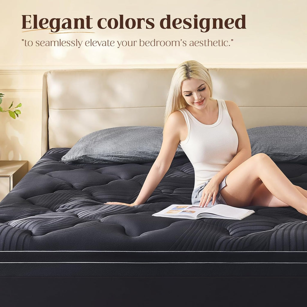 Queen Size Memory Foam Mattress Topper - 4 Inch Cooling Dual Layer with 2" Gel Memory Foam & 2" Thick 1500 GSM Pillow Top, Breathable Mattress Pad Cover Medium Firm Support for Back (Black)