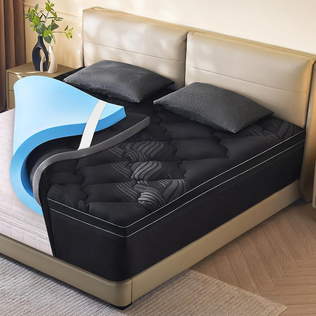 Queen Size Memory Foam Mattress Topper - 4 Inch Cooling Dual Layer with 2" Gel Memory Foam & 2" Thick 1500 GSM Pillow Top, Breathable Mattress Pad Cover Medium Firm Support for Back (Black)
