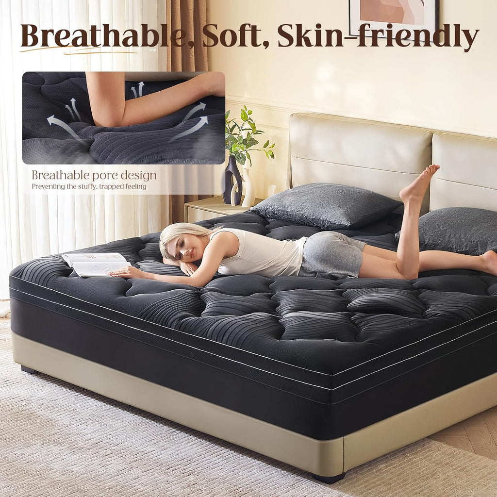 Queen Size Memory Foam Mattress Topper - 4 Inch Cooling Dual Layer with 2" Gel Memory Foam & 2" Thick 1500 GSM Pillow Top, Breathable Mattress Pad Cover Medium Firm Support for Back (Black)