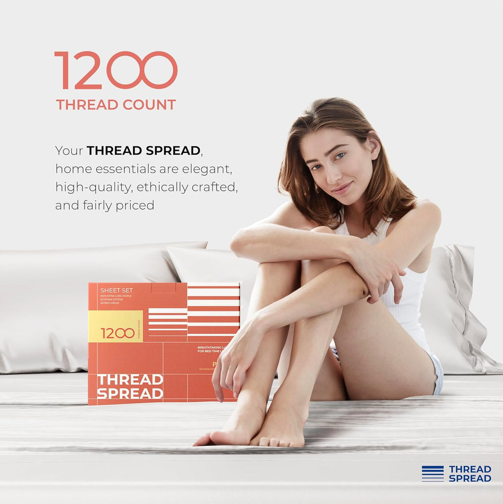 THREAD SPREAD 100% Egyptian Cotton Sheets California King Size - 1200 Thread Count Cal King Size Sheets Set, 4 PC Luxury Bedsheet (White), Soft, Cooling, 17" Deep Pocket Sateen Weave Bedsheet Set